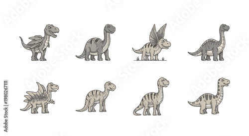 Group of various dinosaur toys standing.