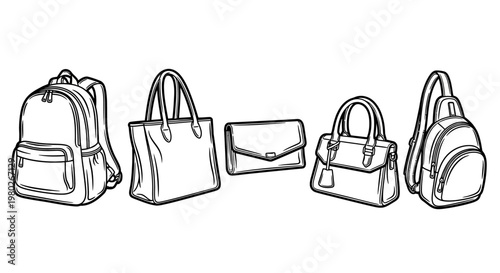 Handbags and backpacks in a row.