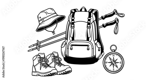 Hiking backpack with travel accessories.