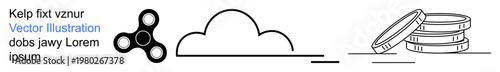Gaming, cloud technology, finance, minimalism, modern design, abstract shapes. Fidget spinner, cloud outline and coin stack in linear style. s gaming and cloud technology concepts