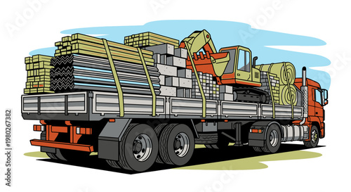 Large truck loaded with metal pipes.