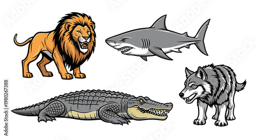 Lion Shark Crocodile Wolf Animals.