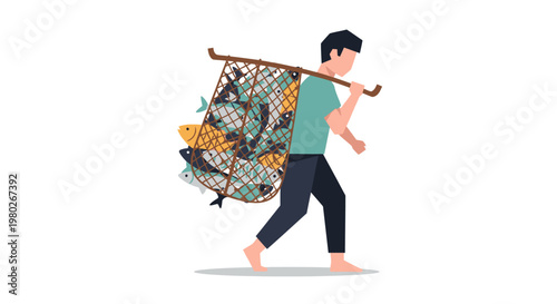 Man carrying large fishing net pole.