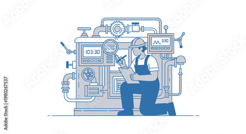 Man in overalls working with machinery.