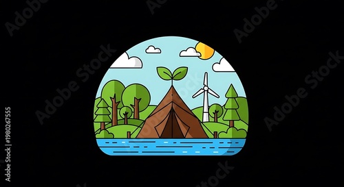Flat illustration of nature, featuring a mountain, tent, trees, clouds, sun, wind turbine and a river