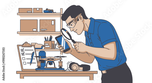 Man using magnifying glass closely.