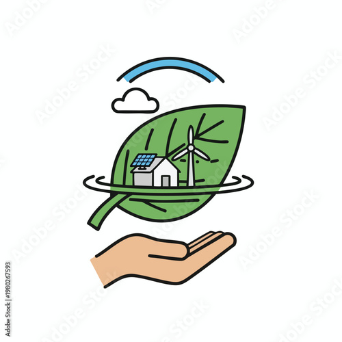 Eco Friendly Renewable Energy Concept with Wind Turbine and Solar Panels in a Hand