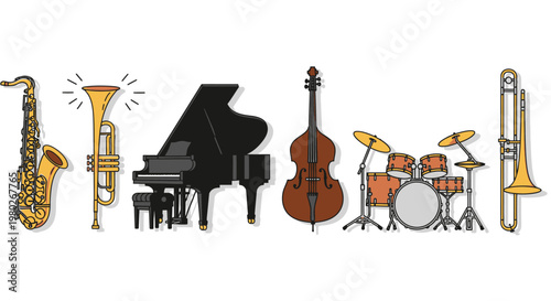 Musical instruments for jazz band performance.