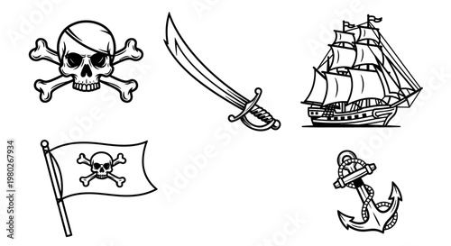 Pirate symbols and nautical objects.
