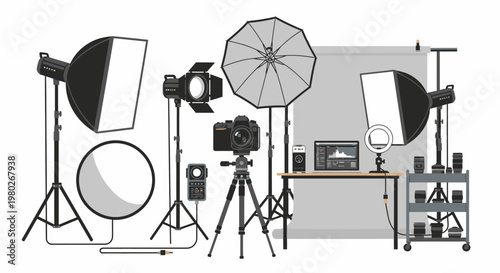 Photography studio lighting equipment setup tools.