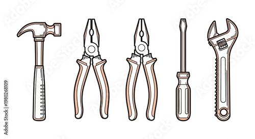 Set of various metal hand tools.