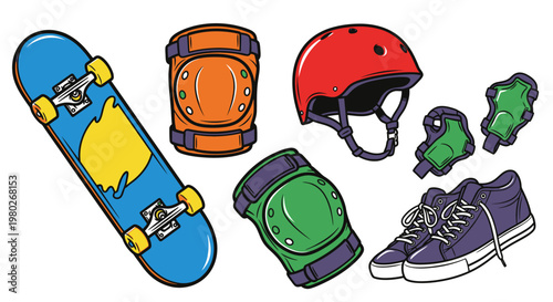 Skateboard and protective gear accessories.