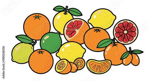 Variety of citrus fruits together.