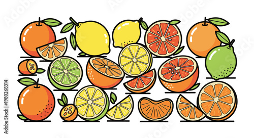 Variety of citrus fruits and slices.