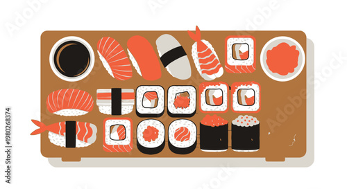 Variety of sushi on wooden board.