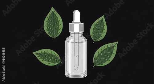 Glass dropper bottle surrounded by green leaves on a dark background