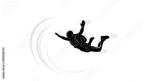 A black silhouette of a skydiver in a dynamic pose with arms and legs outstretched against a white background with motion lines.