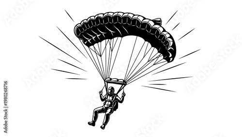 A person paragliding through the air with a deployed parachute, depicted in a dynamic black and white illustration with motion lines.