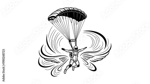 Black and white illustration of a parachutist with outstretched arms and a deployed parachute against a plain white background with dynamic lines.