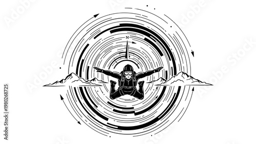 Black and white graphic illustration of a person with outstretched arms surrounded by concentric circles and lines on a white background.