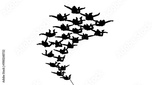 A flock of black birds flying in a triangular formation against a plain white background.