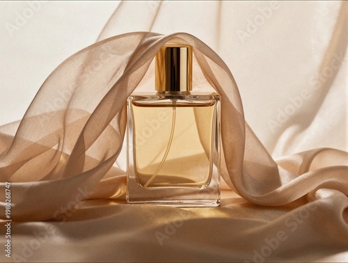 A golden perfume bottle stands elegantly enveloped in soft flowing beige silk fabric creating a sense of luxury and sophisticated feminine beauty.