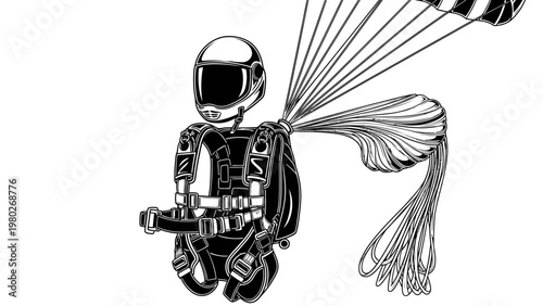 Black and white illustration of an astronaut floating in space with a parachute deployed behind them against a plain white background.