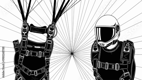 Black and white illustration of a skydiver's harness and helmet with lines radiating from the center on a clean white background.