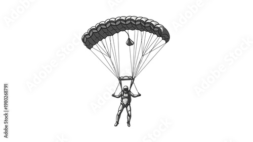 A person skydiving with a deployed parachute against a plain white background in a monochromatic illustration style.