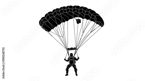 Silhouette of a person parachuting with a black parachute against a white background.