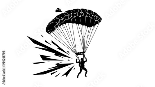 A black silhouette of a person paragliding with dynamic lines suggesting motion against a white background.