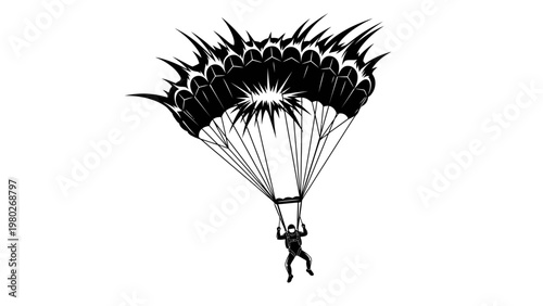 A black and white silhouette of a parachuter in freefall with an open parachute against a plain white background.