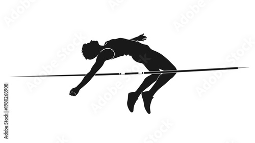 Silhouette of a woman hurdling over a bar in a track and field event against a white background.