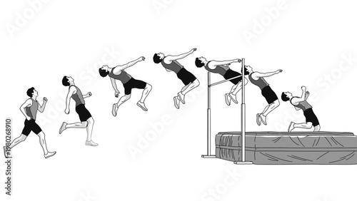 Illustration of a male athlete performing a high jump in multiple stages against a white background with a monochromatic color scheme.