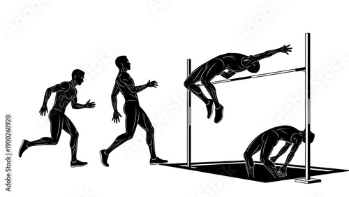 Silhouette illustration of a male athlete performing different stages of a high jump on a white background with a dark mood.