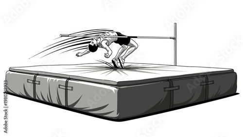 Black and white illustration of a hurdler jumping over a barrier on a large cushioned mat with motion lines.