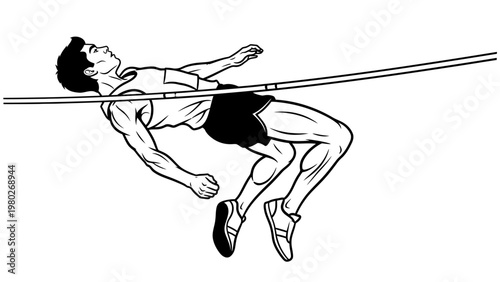 Illustration of a male athlete clearing a high jump bar in a dynamic pose with a simple white background.