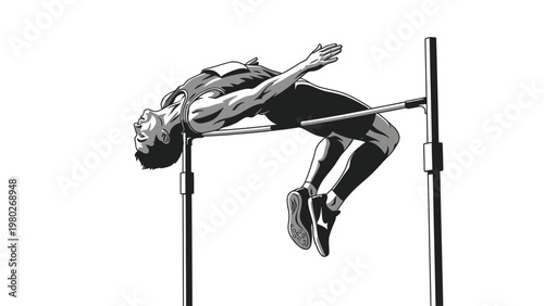 A male athlete in mid-air clearing a high jump bar with a strong and focused expression on a plain white background.