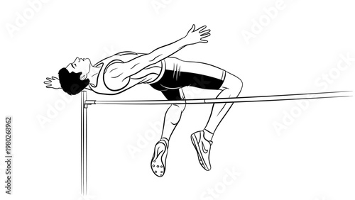 A male athlete clearing a hurdle with a dynamic motion in a grayscale illustration with a solid white background.