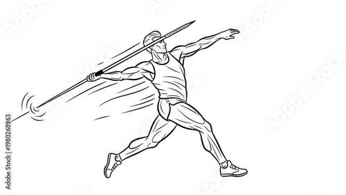 A male athlete in mid-throw with a javelin captured in a dynamic motion illustration on a white background.