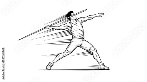 A male athlete in a dynamic pose throwing a javelin with motion lines, depicted in a black and white illustration with a clean white background.