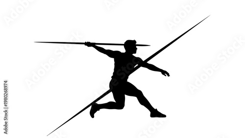Silhouette of a male athlete running with a javelin in a dynamic pose against a clean white background.