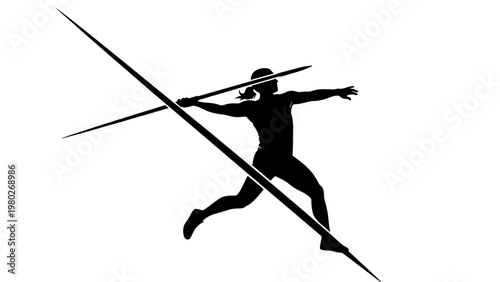 A black silhouette of a male athlete in mid-jump, throwing a javelin with outstretched arms against a plain white background.