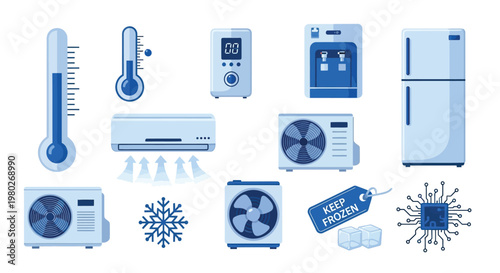 An assortment of blue toned appliances and climate control devices are neatly arranged on a white background