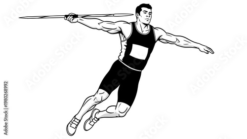 A male athlete in mid-jump with a javelin in hand, captured in a dynamic illustration with bold lines and a white background.