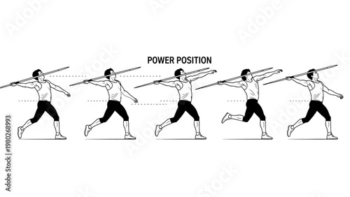 A series of five black and white illustrations depicting a man in athletic clothing running with a javelin in various positions labeled 'POWER POSITION' on a plain white background.