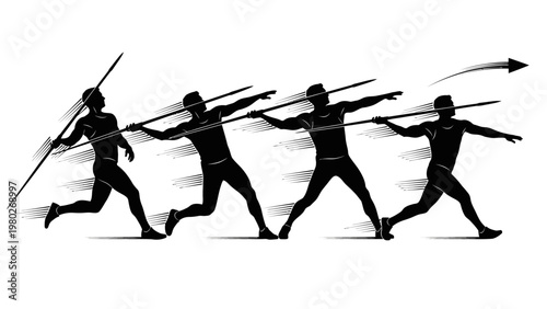 Black silhouette of a man running and throwing javelins in different positions on a white background with motion blur.
