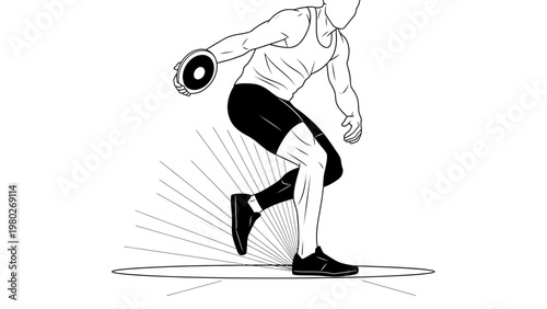 A male athlete wearing a singlet and shorts throws a discus with motion lines in a black and white illustration.