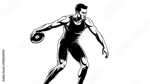 A muscular man in athletic wear throwing a discus in a dynamic pose against a clean white background with bold black lines.