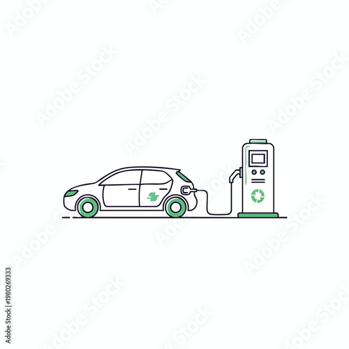 Electric Car Charging Station with Modern Electric Vehicle Plugged In